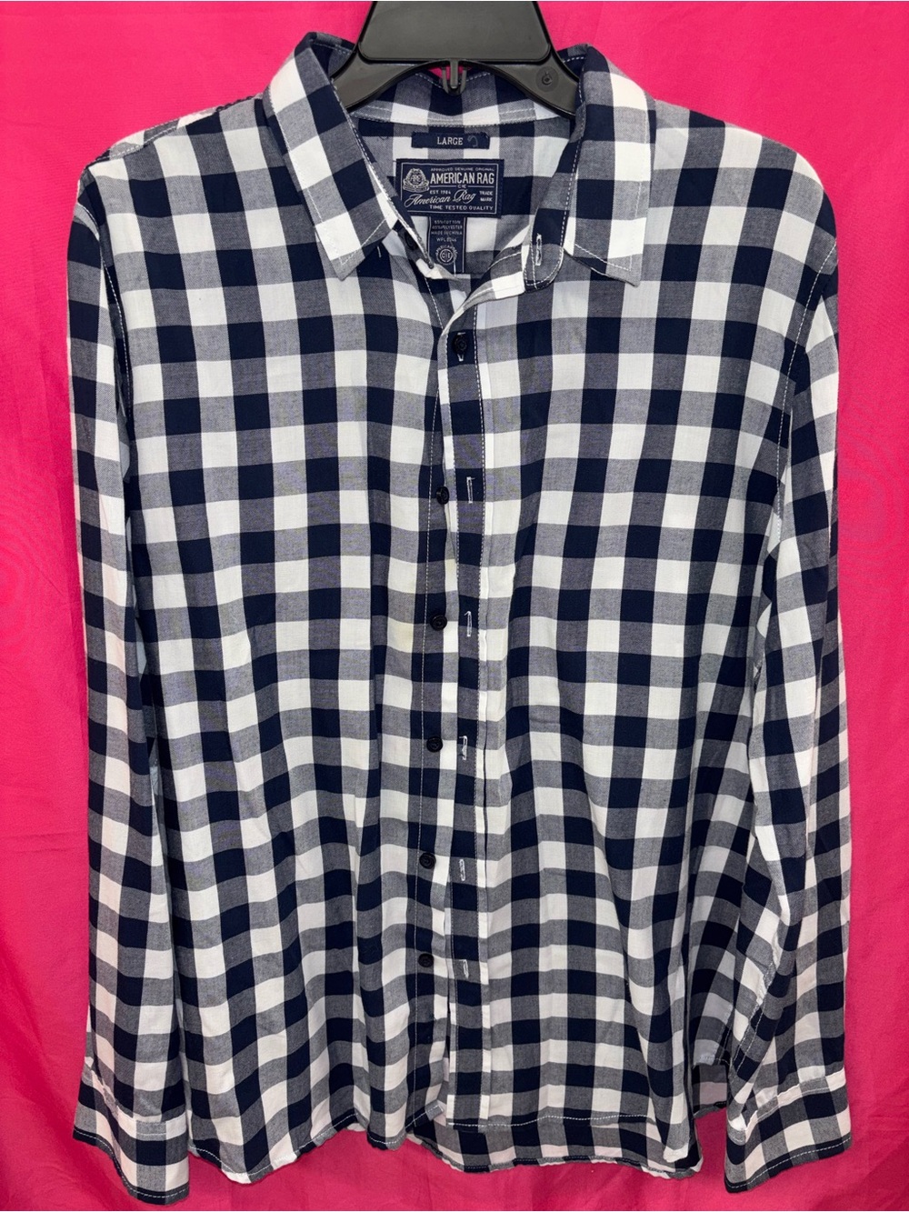 American Rag Men’s Navy and White Check Button-Down Shirt
